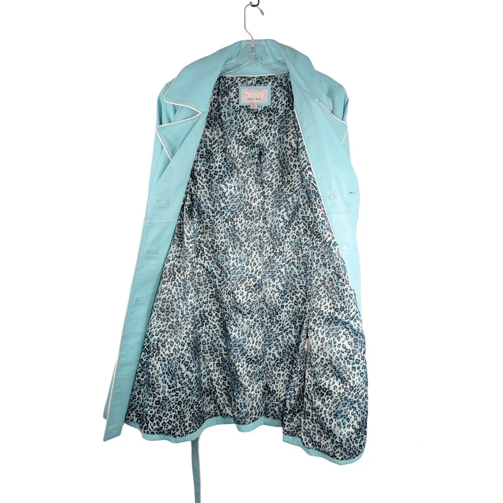 Wilsons Leather Maxima Trench Coat Womens L Turquoise Blue Leather Belted Jacket - Picture 3 of 10